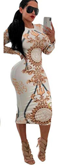 Hotheart Women's Long Sleeve O Neck Printed Bodycon Slim Fit Sexy Party Nightclub Dress White Gold