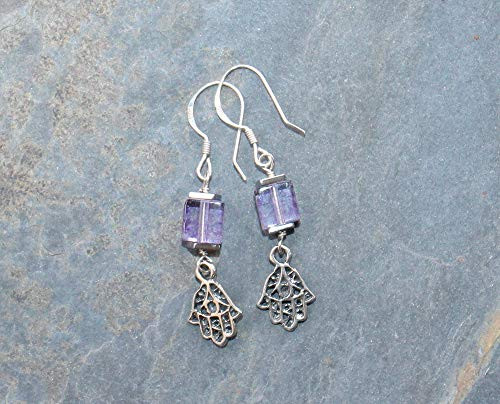 Hamsa Earrings- Sterling Silver Earrings- Amethyst Earrings- Purple Earrings- Lavender Earrings- Hand Earrings- Dangly Earrings- For Her