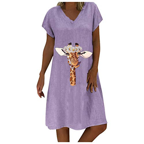 Toeava Mini Dress for Women Summer-Bohemian Retro Linen Giraffe Print Short Midi Dress Short Sleeves V-Neck Beach Dress