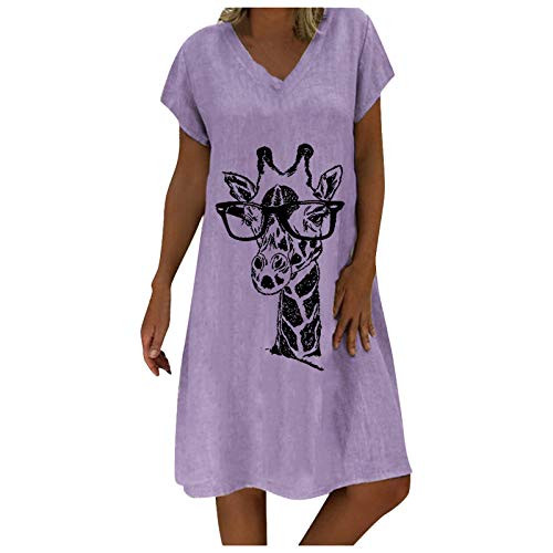 Toeava Mini Dress for Women Summer-Short Sleeves Retro Short Dress Bohemian V Neck Print Cotton Linen Casual Midi Dress