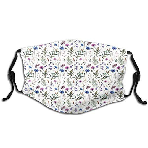 TENJONE Comfortable Windproof mask-Summer Wildflowers As Cornflower Willow Branch and Bell in Aquarelle Style Print-Printed Facial Decorations Suitable for Children