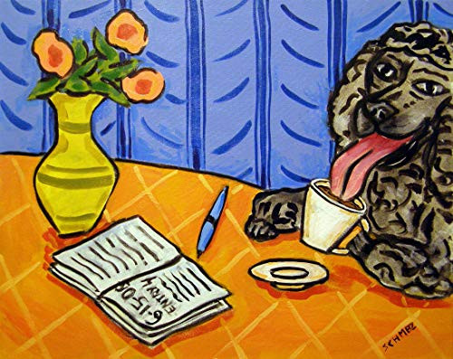 Poodle at the Cafe Coffee Shop signed dog art print Orange Table