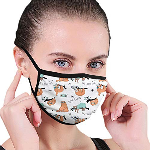 Comfortable Printed Windproof mask Sloth- Pattern with Hand Drawn Sloths on Branches Laziness Mood Words Fun-Blue Orange Facial decorations for adult