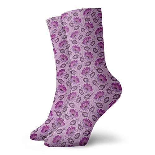 Purple Fashion Compression Socks-Floral Composition Damask Inspired Illustration Of-Performance Polyester Cushioned Athletic Crew Socks for Running-Athletic-Purple Lilac Dark Purple -12 inch