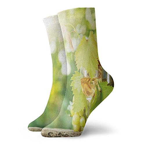 Fashion Compression Socks-White Wine Bottle Glass Young Vine And Bunch Of Grapes In Green Spring-Performance Polyester Cushioned Athletic Crew Socks for Running-Athletic -12 inch