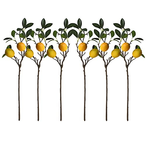 NHRFUJ 6 Pack Artificial Lemon Branches- Vivid Yellow Artificial Lemon Branch Lifelike Fake Fruit Props Artificial Fruit Branches with Green Leaves for Home Wedding Party Decor