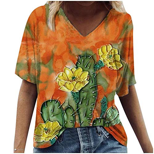 Lingbing Tops for Women-Women's Short Sleeve Tops Printed V-Neck T-Shirts Casual Loose Graphic Tees Summer Blouse Tops Orange