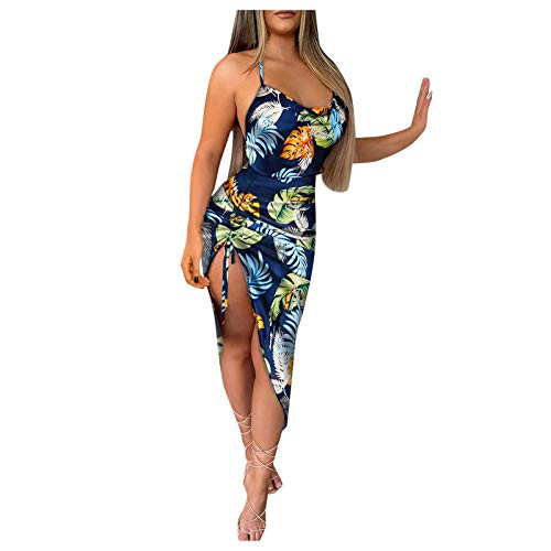 Women's Summer Sexy Dress Floral Print Halter High Slit Midi Dress V-Neck Off Shoulder Dress Navy Women's Summer Sexy Dress Floral Print Halter High Slit Midi Dress V-Neck Off Shoulder Dress Navy