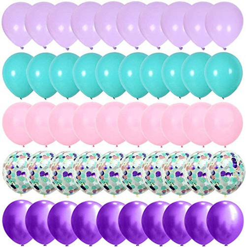 Kubert Mermaid Balloons 50 Pack- 12 Inch Light Dark Purple Seafoam Blue Latex Balloons with Confetti Balloon for Unicorn Party Decorations Birthday Party Supplies with Ribbon