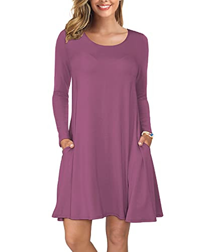 KORSIS Women Long Sleeve Tops T-Shirt Dress Round Neck Casual Loose Dress Mauve M