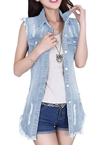 Omoone Women's Fashion Sleeveless Frayed Distressed Denim Duster Slim Jean Vest?Light Blue-XL?