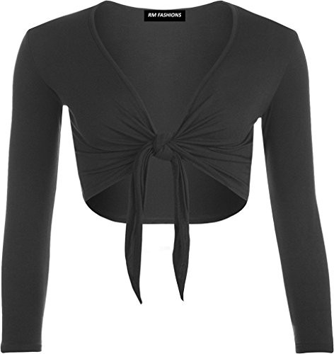 RM Fashions Womens Plain Long Sleeves Front Tie Knot Shrug Stretchy Bolero Cardigan Top -Small- Black-