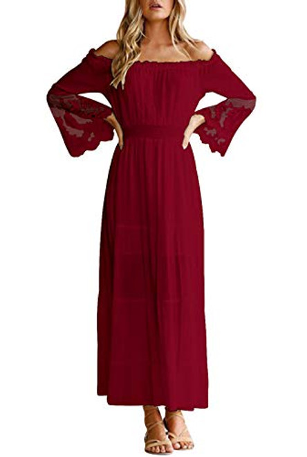 KIRUNDO Womens Off Shoulder Maxi Dress Bell Sleeve Lace Patchwork High Waist Cocktail Party Wedding Bridesmaid Dress -Small- Wine Red-