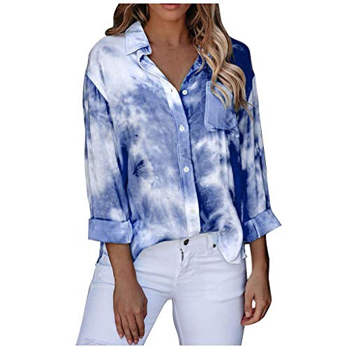 Forwelly Women Tie Dye Top Long Sleeve Button Down Shirt Casual Turn-Down Collar Blouse Purple