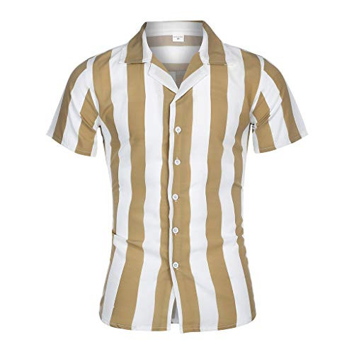 Shirt for Men- F_Gotal Men's T-Shirts Fashion Summer Short Sleeve Splicing Stripe Button Down Casual Tees Blouse Tops Orange