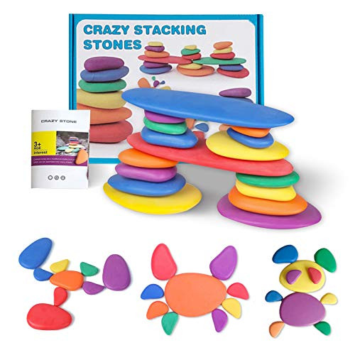 36pcs Wooden Stone Balancing Blocks Sorting Stacking Acrylic Cobblestone Rocks Sensory Rainbow Balancing Building Blocks Toddlers Educational Preschool Learning Toys with Instructions
