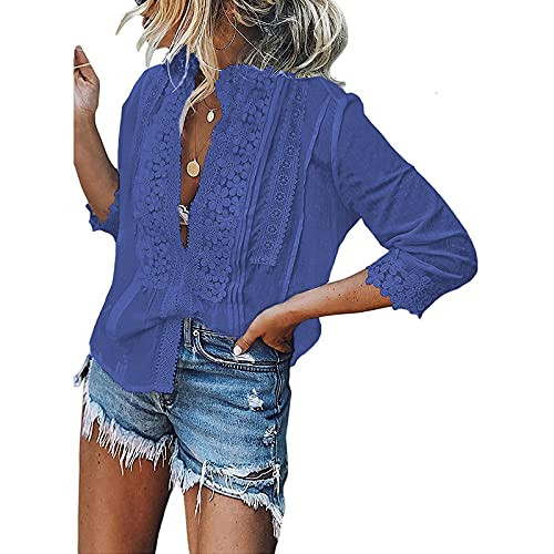 Women's V Neck Lace Crochet Flowy Bell Sleeve Button Down Casual T Shirts Blouses Tops