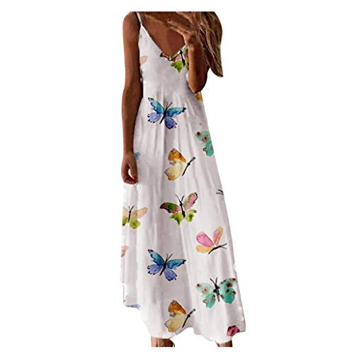ONHUON Sundress Plus Size?Women Dresses Floral Print V Neck Sleeveless Maxi Dress Casual Summer Spaghettie Strap Beach Sundress Long Dress White