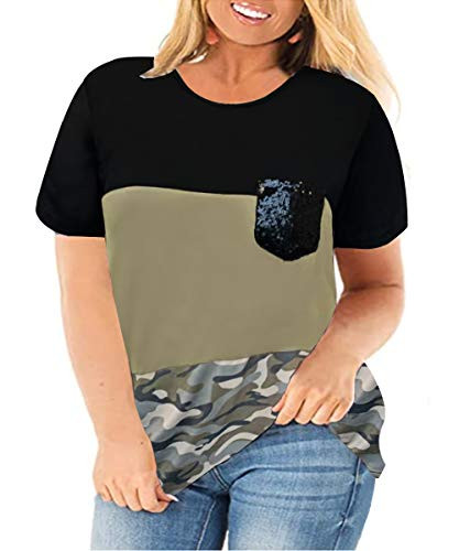 Ritera Plus Size Short Sleeve Tops for Women Color Block Tunic Top Sequin Pocket Tee Camouflage Summer Sweatshirt Army Green Camouflage 3XL