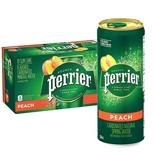 Perrier Peach Flavored Carbonated Mineral Water- 8.45 fl oz. Slim Cans -10 Pack-