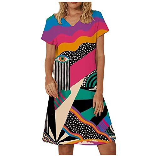 JPVDPA Women's Summer Casual T-Shirt Dress Colorful Print Short Sleeve Dress O-Neck Loose Knee-Length Dress Red JPVDPA Women's Summer Casual T-Shirt Dress Colorful Print Short Sleeve Dress O-Neck Loose Knee-Length Dress Red