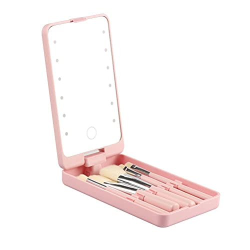Antetek 360 rotatable Makeup Mirror with LED Light- Portable Makeup Mirror with 5 pcs Brushes- Touch Switch- Full Set of Brushes- Travel Mirror- Portable and Compact Mirror