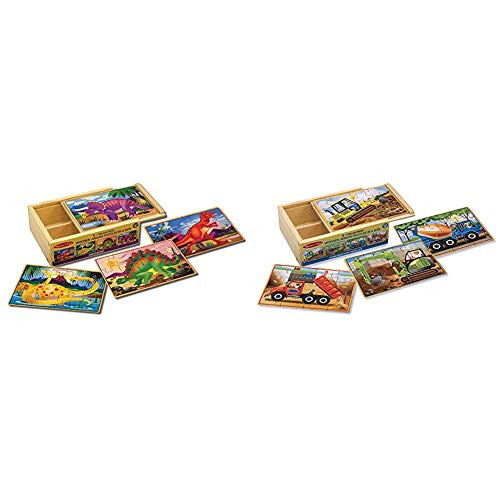 Melissa  and  Doug Wooden Jigsaw Puzzles in a Box - Dinosaur  and  Wooden Jigsaw Puzzles in a Box - Construction