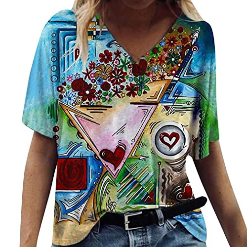 YSLMNOR Summer 2021 Tops for Womens Graphic Tee Shirts Short Sleeve V Neck Blouses Casual Loose Pullover