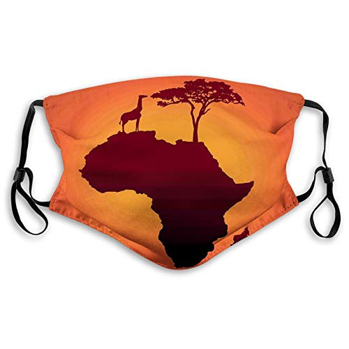 Fashion Windproof Mask African Safari Map with Continent Giraffe and Tree Silhouette Savannah Wild Design Orange Brown Printed Facial Decorations For Teens Kids