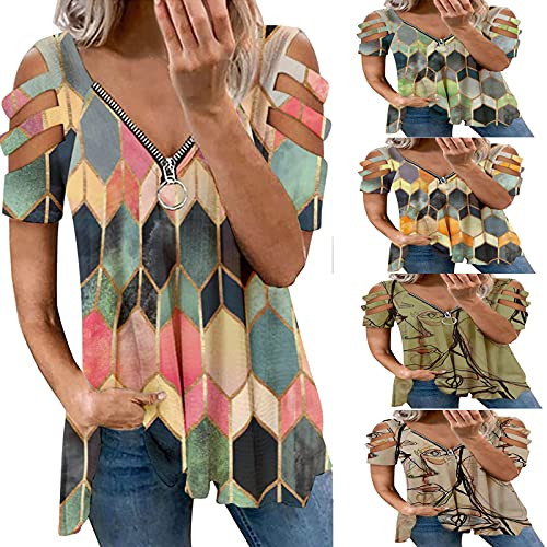 Plus Size T Shirts- Women Summer Cold Shoulder Tops Basic Short Sleeve Tunic with Zipper Blouse for Work Office Tops Red