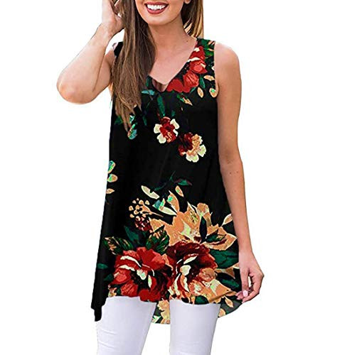 Women Print Floral Vest Tunics Loose V-Neck Sleeveless Blouse Casual Tanks Tops Summer T Shirt Beach Tees Tops jinjiums -Black- XXL-