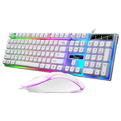 BenRan Wired Gaming Keyboard Rainbow Backlit Mechanical Keyboard Mouse Combo- LED 104 Keys USB Ergonomic Keyboard- Mouse for PC Gamer-White-