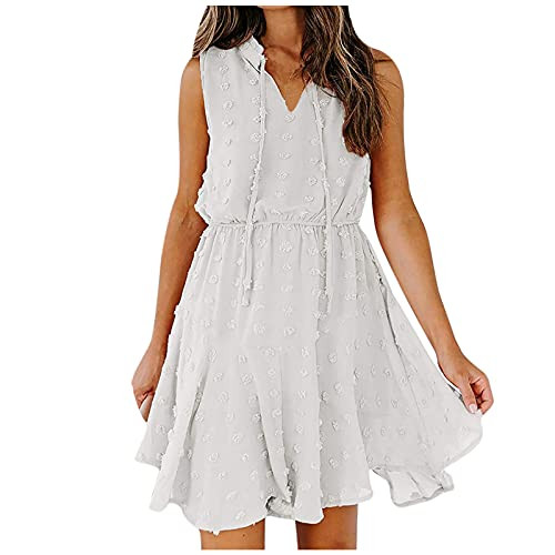 Bmauie Summer Dress for Women Chiffon Pom V-Neck Solid Sleevless Drawstring Short Skirt Mini Dress White