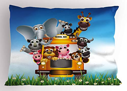 Kids Pillow Sham- Funny Animals on a School Bus Zoo Theme with Elephant Cow Zebra Lion Piggy and Giraffe- Decorative Standard Queen Size Printed Pillowcase- 30 X 20 inches- Multicolor