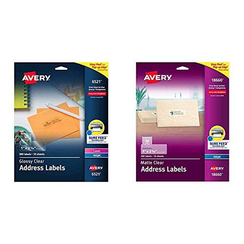 Avery Glossy Crystal Clear Address Labels for Laser  and  Inkjet- 1inch x 2-5/8inch- 300 Printable Holiday Labels -6521-  and  Matte Frosted Clear Address Labels for Inkjet Printers- 1inch x 2-5/8inch- 300 Labels