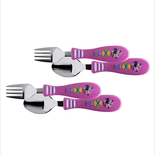 Zak Designs Minnie Easy Grip Flatware Fork And Spoon Utensil Set  Perfect for Toddler Hands With Fun Characters, Contoured Handles And Textured Grips (2 Pack), Minnie Bowtique 2pk
