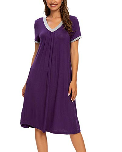 Womens Nightgown Sleep Shirt Dress Short Sleeve Soft Nightshirt Sleepwear with Pocket -Purple-S-