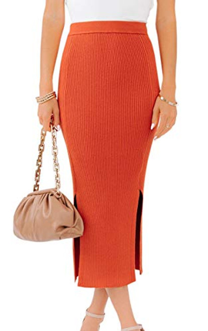 Theenkoln Women's Skirts Long High Waisted Elegant Slit Party Pencil Skirt Midi Maxi Bodycon Skirt Orange Medium