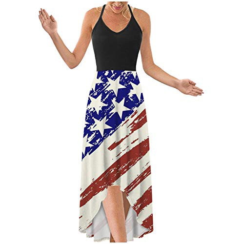 CapsA Women's Summer Sleeveless Stripe Star Print Pocket Long Dress 4th of July American Flag Long Maxi Dress Swing Dress