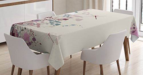 Ambesonne Dragonfly Tablecloth- Plants Petals with Dragonfly Soft Color Design with Grunge Effects Vintage Style- Rectangular Table Cover for Dining Room Kitchen Decor- 52inch X 70inch- Grey Yellow