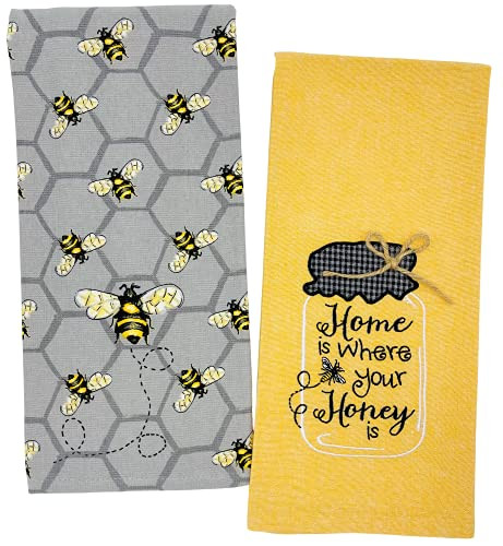 Bee Kitchen Towels- Honeycomb Bees Terry Towel and Embroidered Honey Jar Tea Towel- Honey Bees Cheerful Dishtowel Set for Cooking Baking Drying Dishes Hand Towels Bee Kitchen Decor