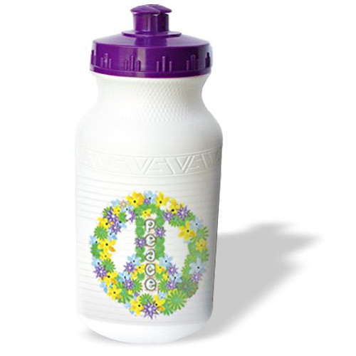 3dRose wb_101288_1 Green, Purple, Yellow Flowered Peace Sign Sports Water Bottle, 21 oz, White