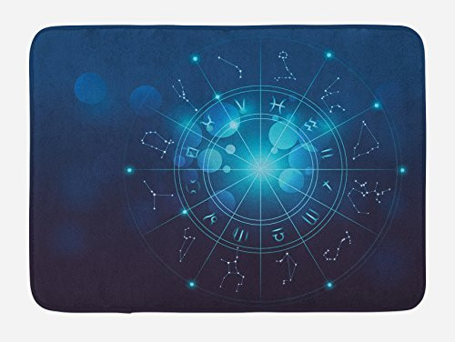 Ambesonne Astrology Bath Mat- Fortune Telling Birth Chart Zodiac Signs in Space Geometrical Image- Plush Bathroom Decor Mat with Non Slip Backing- 29.5inch X 17.5inch- Turquoise White