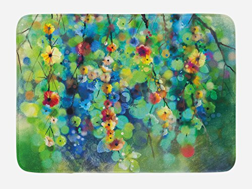 Ambesonne Flower Bath Mat- Vibrant Colored Blooms Clusters Down from Branch Spring Season Birth Season Image- Plush Bathroom Decor Mat with Non Slip Backing- 29.5inch X 17.5inch- Blue Green