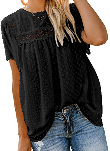 AlvaQ Women's Plus Size Summer Short Sleeve Black Chiffon Blouses Loose Casual Babydoll Boho Shirts Tops XL