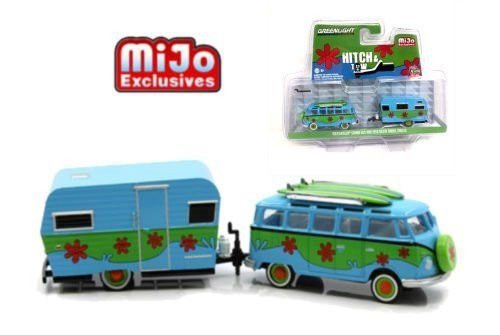 NEW 1:64 GREENLIGHT HITCH & TOW CLUB V-DUB COLLECTION - GREEN BLUE VOLKSWAGEN SAMBA BUS & 1959 SIESTA TRAVEL TRAILER Diecast Model Car By Greenlight NEW 1:64 GREENLIGHT HITCH & TOW CLUB V-DUB COLLECTION - GREEN BLUE VOLKSWAGEN SAMBA BUS & 1959 SIESTA TRAVEL TRAILER Diecast Model Car By Greenlight