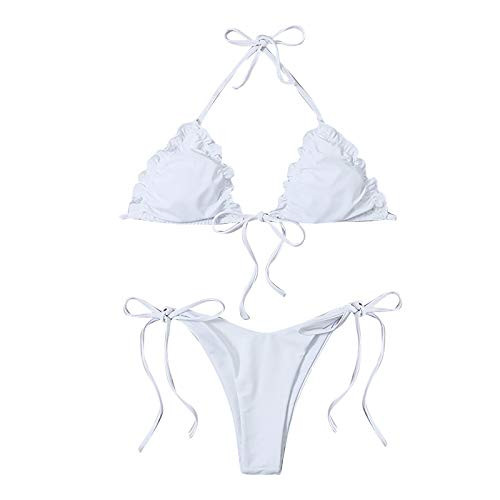 Women's String Two Piece Swimsuit Halter Top Triangle Bikini Set with Tie Side Bottom Bathing Suit White