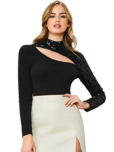 Romwe Women's Contrast Sequin Long Sleeve Cut Out Front Mock Neck Slim Fit Tee Blouse Top Black1 X-Large