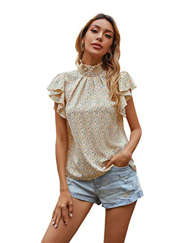 Romwe Women's Boho Polka Dots Flutter Cap Sleeve Frill Mock Neck Blouse Tops Yellow M