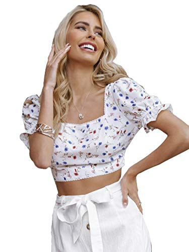 Floerns Women's Ditsy Floral Square Neck Puff Sleeve Backless Crop Top White XS